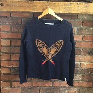 Woolrich Navy Crewneck Sweater with Brown Snowshoe Motif and Red Accents
